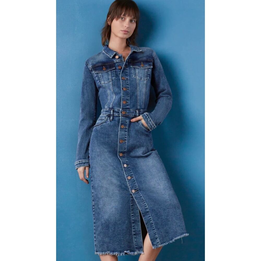 Wash Lab Denim Piece Dyed Denim Dress Long Sleeve Stretch Dark Wash Size M